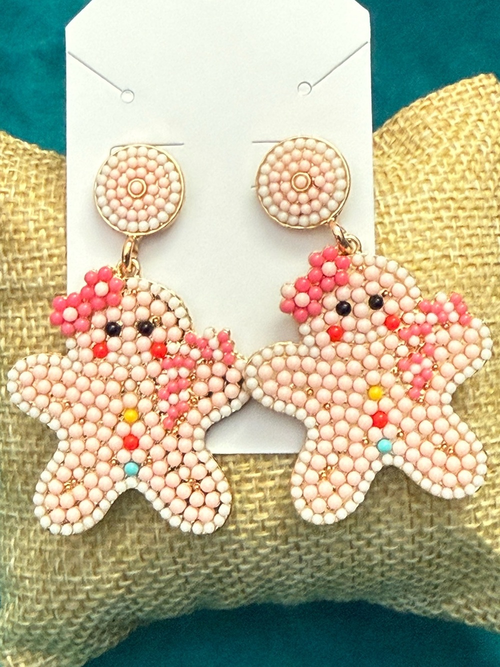 Pink Multicolor Beaded Christmas Gingerbread Drop Earrings
